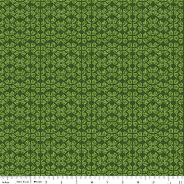 Image of the Plum Petals Geometric Green quilting cotton fabric by Diane Labombarbe for Riley Blake Designs. Features geometric flowers on a green background. Cute Little Fabric Shop