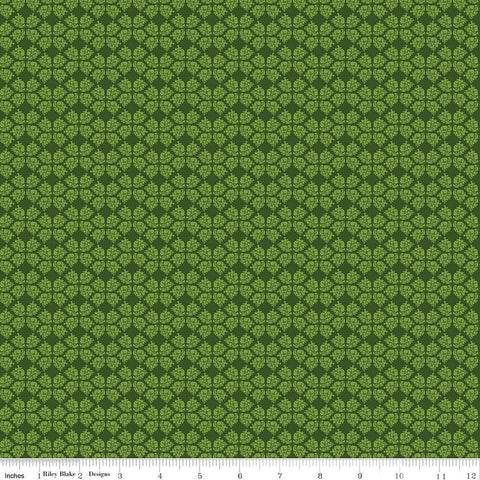 Image of the Plum Petals Geometric Green quilting cotton fabric by Diane Labombarbe for Riley Blake Designs. Features geometric flowers on a green background. Cute Little Fabric Shop