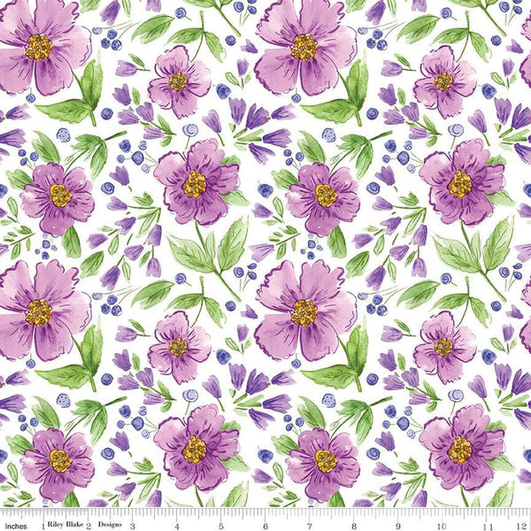 Image of the Plum Petals Main Purple quilting cotton fabric by Diane Labombarbe for Riley Blake Designs. Features flowers on a white background. Cute Little Fabric Shop