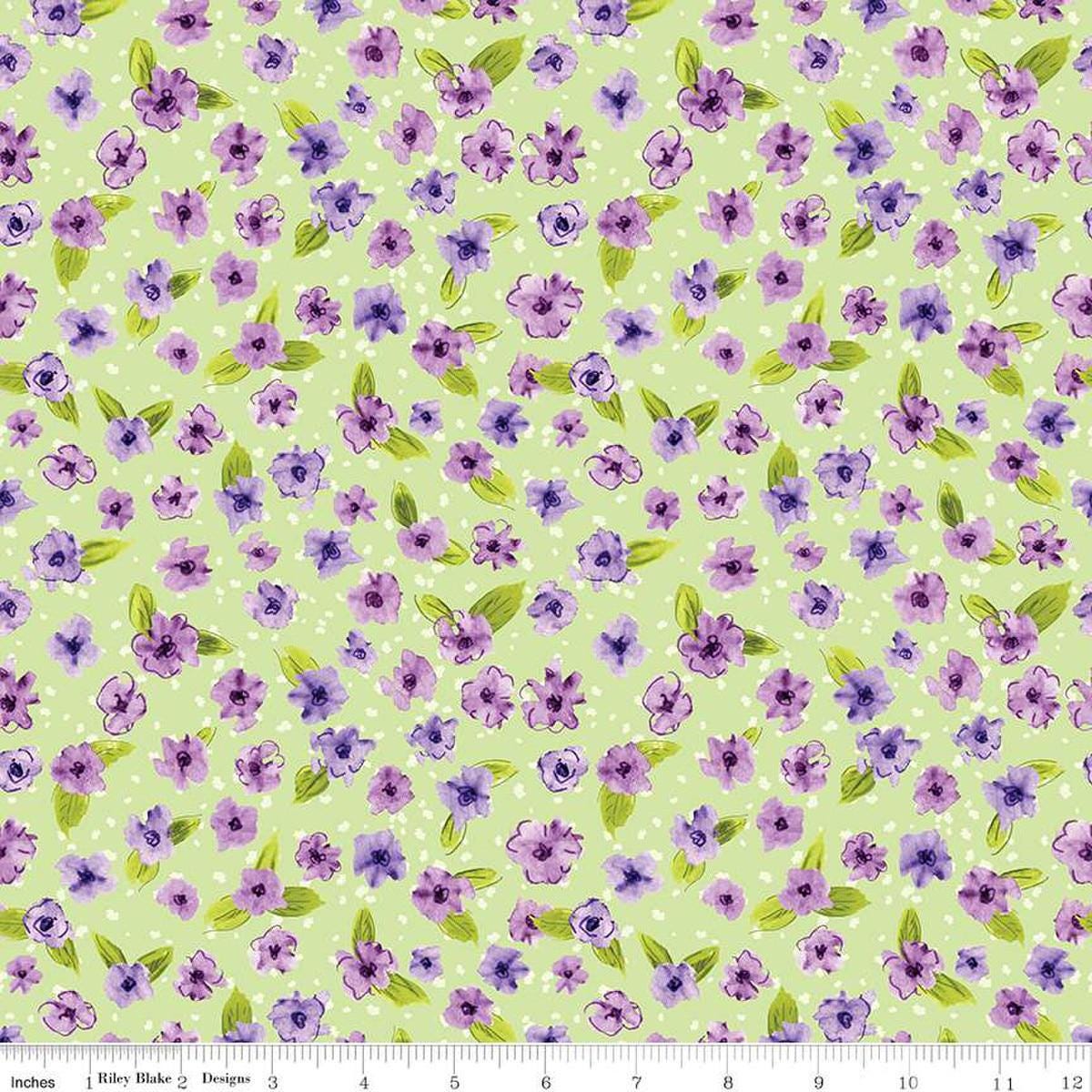 Image of the Plum Petals Small Flowers Fern quilting cotton fabric by Diane Labombarbe for Riley Blake Designs. Features flowers on a green background. Cute Little Fabric Shop