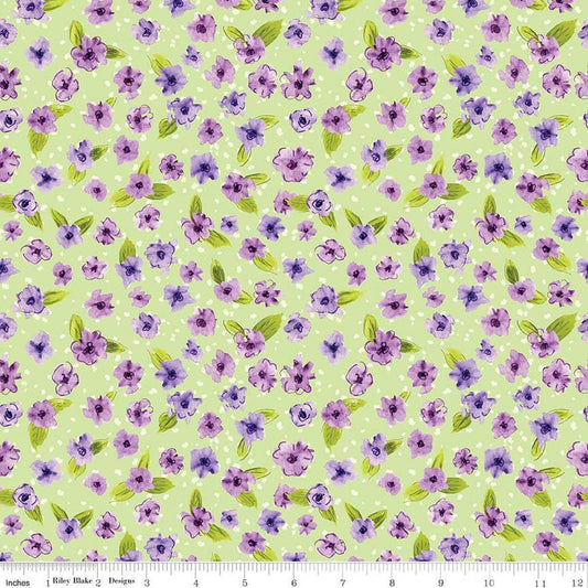 Image of the Plum Petals Small Flowers Fern quilting cotton fabric by Diane Labombarbe for Riley Blake Designs. Features flowers on a green background. Cute Little Fabric Shop