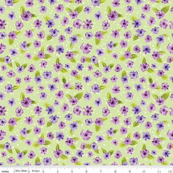 Image of the Plum Petals Small Flowers Fern quilting cotton fabric by Diane Labombarbe for Riley Blake Designs. Features flowers on a green background. Cute Little Fabric Shop