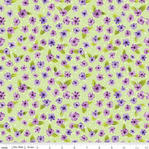 Image of the Plum Petals Small Flowers Fern quilting cotton fabric by Diane Labombarbe for Riley Blake Designs. Features flowers on a green background. Cute Little Fabric Shop