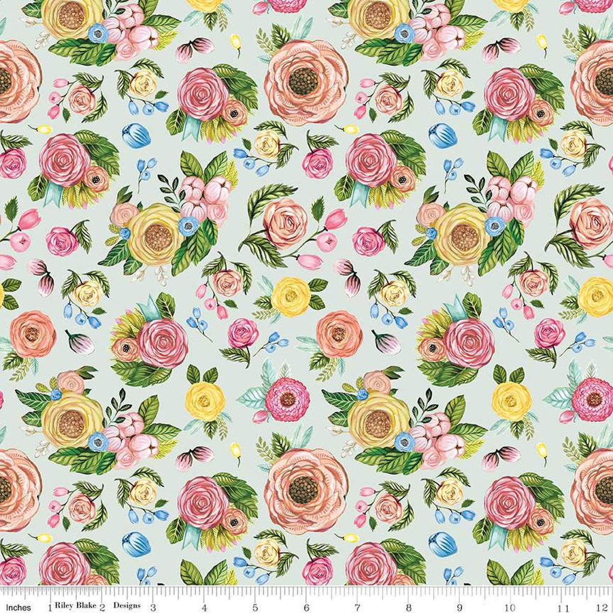 Image of the Sweet Spring Floral Seafoam quilting cotton fabric by Hester & Cook for Riley Blake Designs. Features flowers on a blue background. Cute Little Fabric Shop