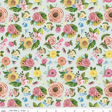 Image of the Sweet Spring Floral Seafoam quilting cotton fabric by Hester & Cook for Riley Blake Designs. Features flowers on a blue background. Cute Little Fabric Shop