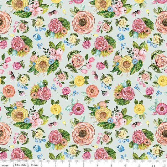 Image of the Sweet Spring Floral Seafoam quilting cotton fabric by Hester & Cook for Riley Blake Designs. Features flowers on a blue background. Cute Little Fabric Shop