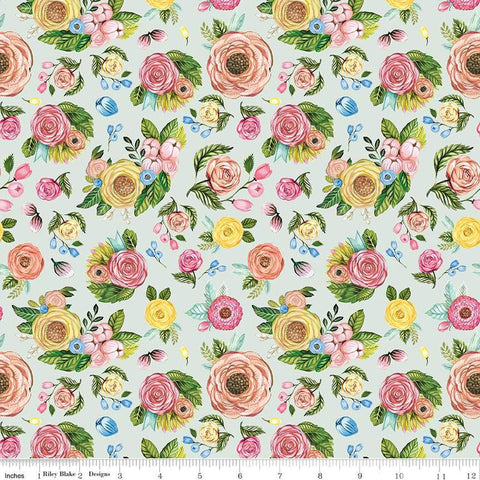Image of the Sweet Spring Floral Seafoam quilting cotton fabric by Hester & Cook for Riley Blake Designs. Features flowers on a blue background. Cute Little Fabric Shop