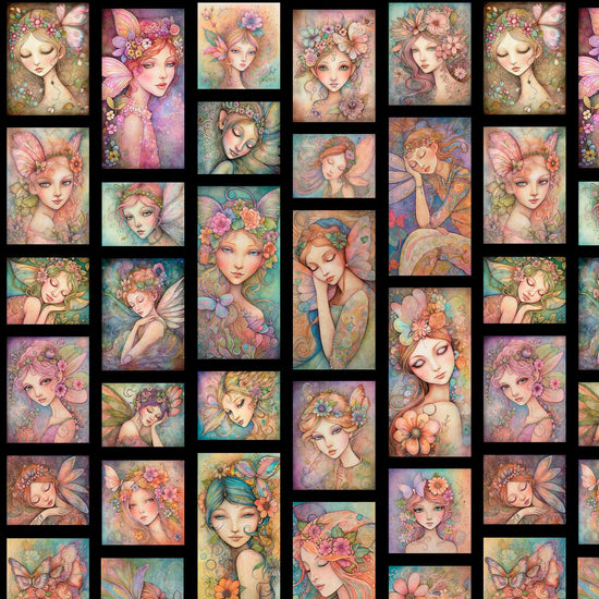 Image of the Enchanted Fairy Portrait Patches Black quilting cotton by Morris Creative Group for QT Fabrics. Features fairy themed fabrics on a black background. 
Cute Little Fabric Shop