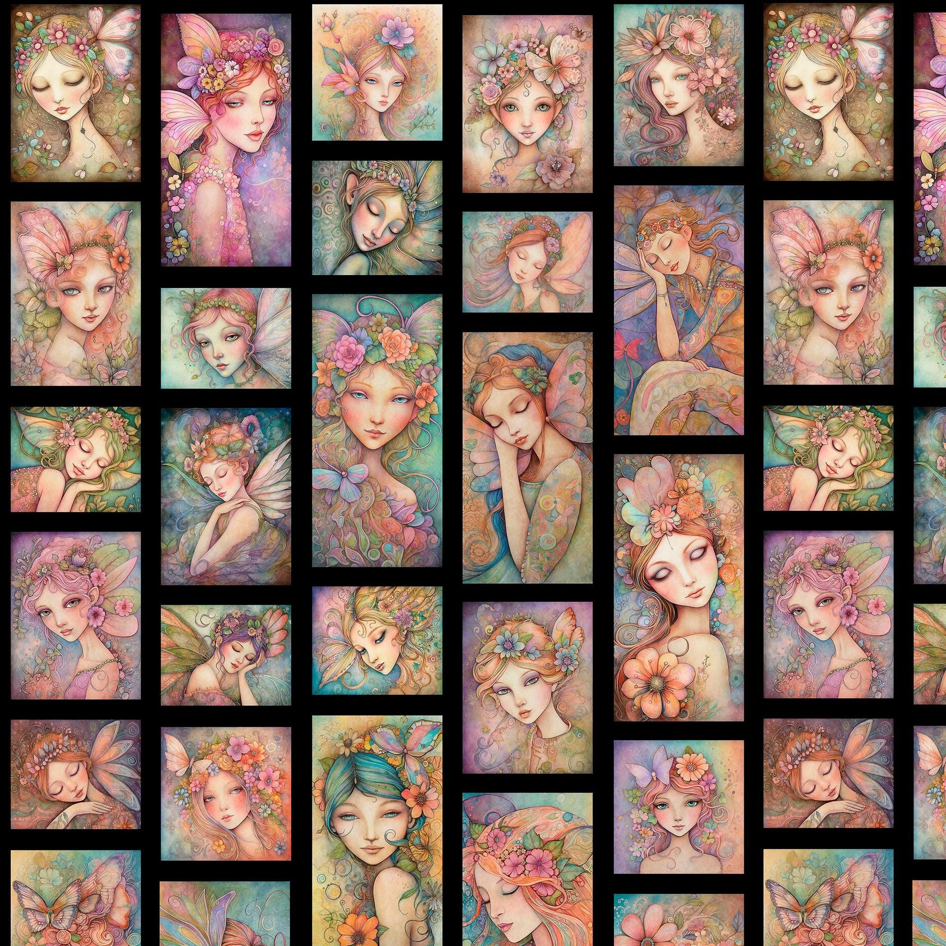 Image of the Enchanted Fairy Portrait Patches Black quilting cotton by Morris Creative Group for QT Fabrics. Features fairy themed fabrics on a black background. 
Cute Little Fabric Shop