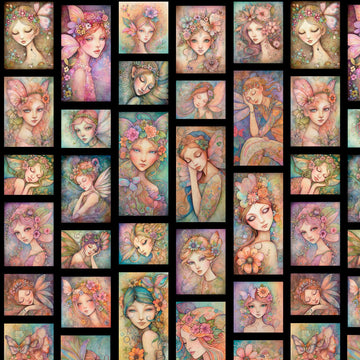 Image of the Enchanted Fairy Portrait Patches Black quilting cotton by Morris Creative Group for QT Fabrics. Features fairy themed fabrics on a black background. 
Cute Little Fabric Shop