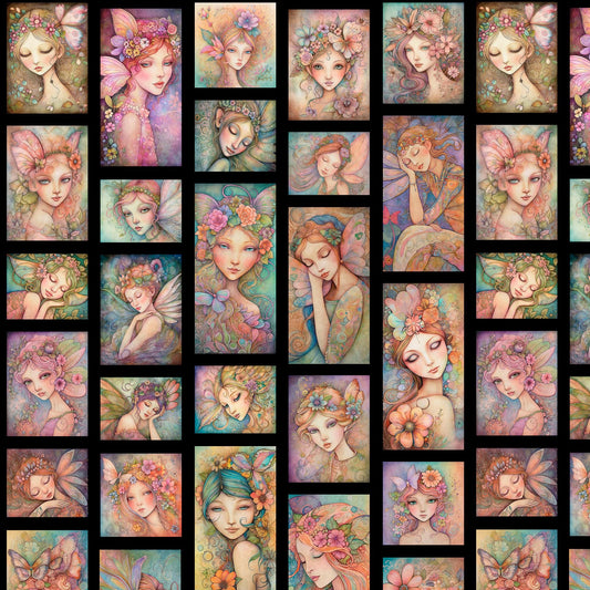 Image of the Enchanted Fairy Portrait Patches Black quilting cotton by Morris Creative Group for QT Fabrics. Features fairy themed fabrics on a black background. 
Cute Little Fabric Shop