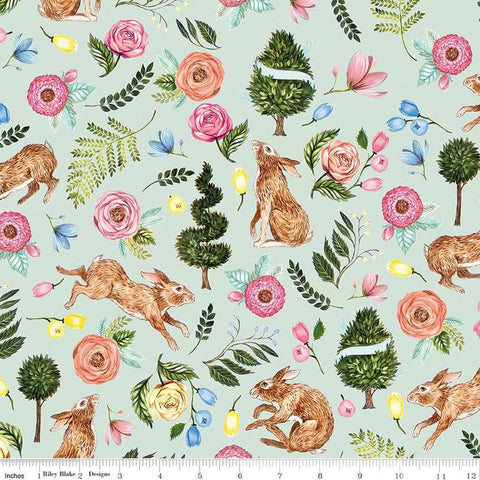 Image of the Sweet Spring Main Seafoam quilting cotton fabric by Hester & Cook for Riley Blake Designs. Features flowers on a blue background. Cute Little Fabric Shop