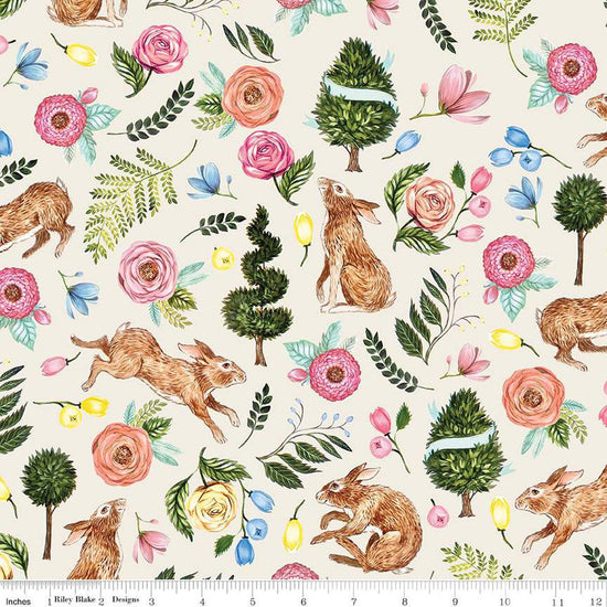 Image of the Sweet Spring Main Ivory quilting cotton fabric by Hester & Cook for Riley Blake Designs. Features flowers on a white background. Cute Little Fabric Shop