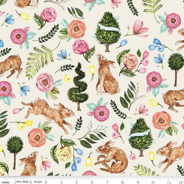 Image of the Sweet Spring Main Ivory quilting cotton fabric by Hester & Cook for Riley Blake Designs. Features flowers on a white background. Cute Little Fabric Shop