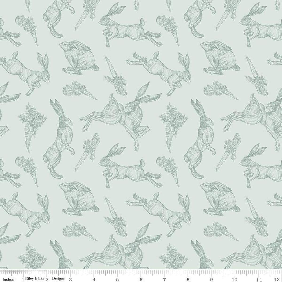 Image of the Sweet Spring Bunnies Seafoam quilting cotton fabric by Hester & Cook for Riley Blake Designs. Features bunnies on a blue background. Cute Little Fabric Shop