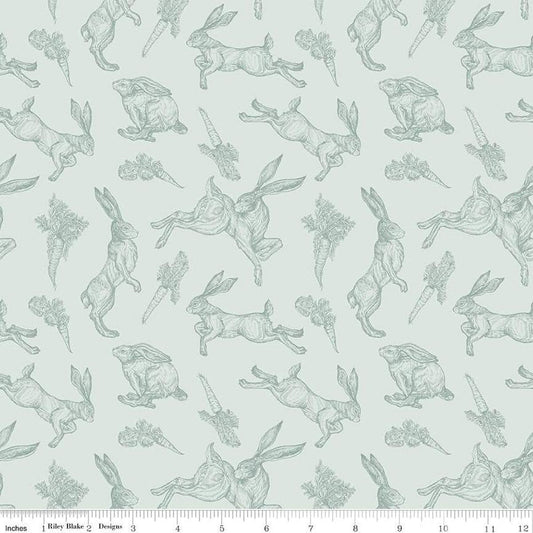 Image of the Sweet Spring Bunnies Seafoam quilting cotton fabric by Hester & Cook for Riley Blake Designs. Features bunnies on a blue background. Cute Little Fabric Shop
