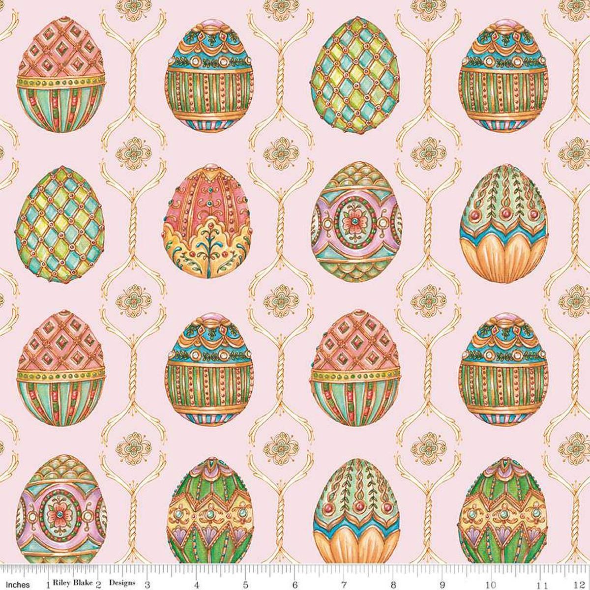 Image of the Sweet Spring Easter Eggs Pink quilting cotton fabric by Hester & Cook for Riley Blake Designs. Features easter eggs on a pink background. Cute Little Fabric Shop