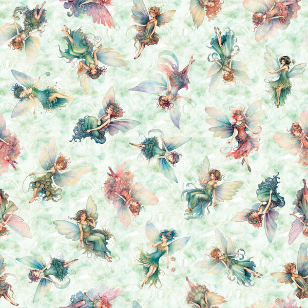 Image of the Enchanted Fairy Toss Light Sage quilting cotton fabric by Morris Creative Group for QT Fabrics. Features fairies scattered on a green background. 
Cute Little Fabric Shop