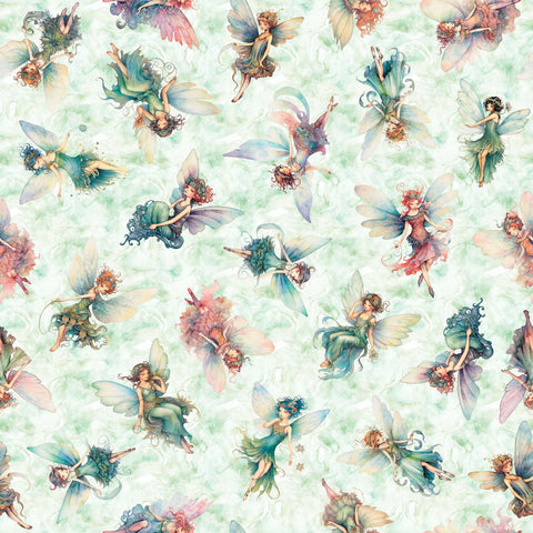 Image of the Enchanted Fairy Toss Light Sage quilting cotton fabric by Morris Creative Group for QT Fabrics. Features fairies scattered on a green background. 
Cute Little Fabric Shop