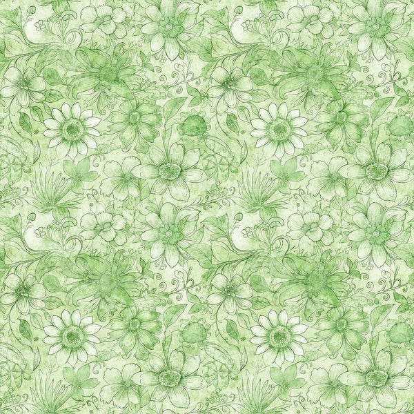 Image of the Enchanted Flower Tonal Sage quilting cotton fabric by Morris Creative Group for QT Fabrics. Features floral fabrics on a sage green background. 
Cute Little Fabric Shop