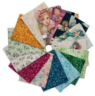 Image of the Enchanted 15 piece fat quarter bundle with quilting cotton fabric by Morris Creative Group for QT Fabrics. Features fairy themed fabrics on colorful backgrounds. 
Cute Little Fabric Shop