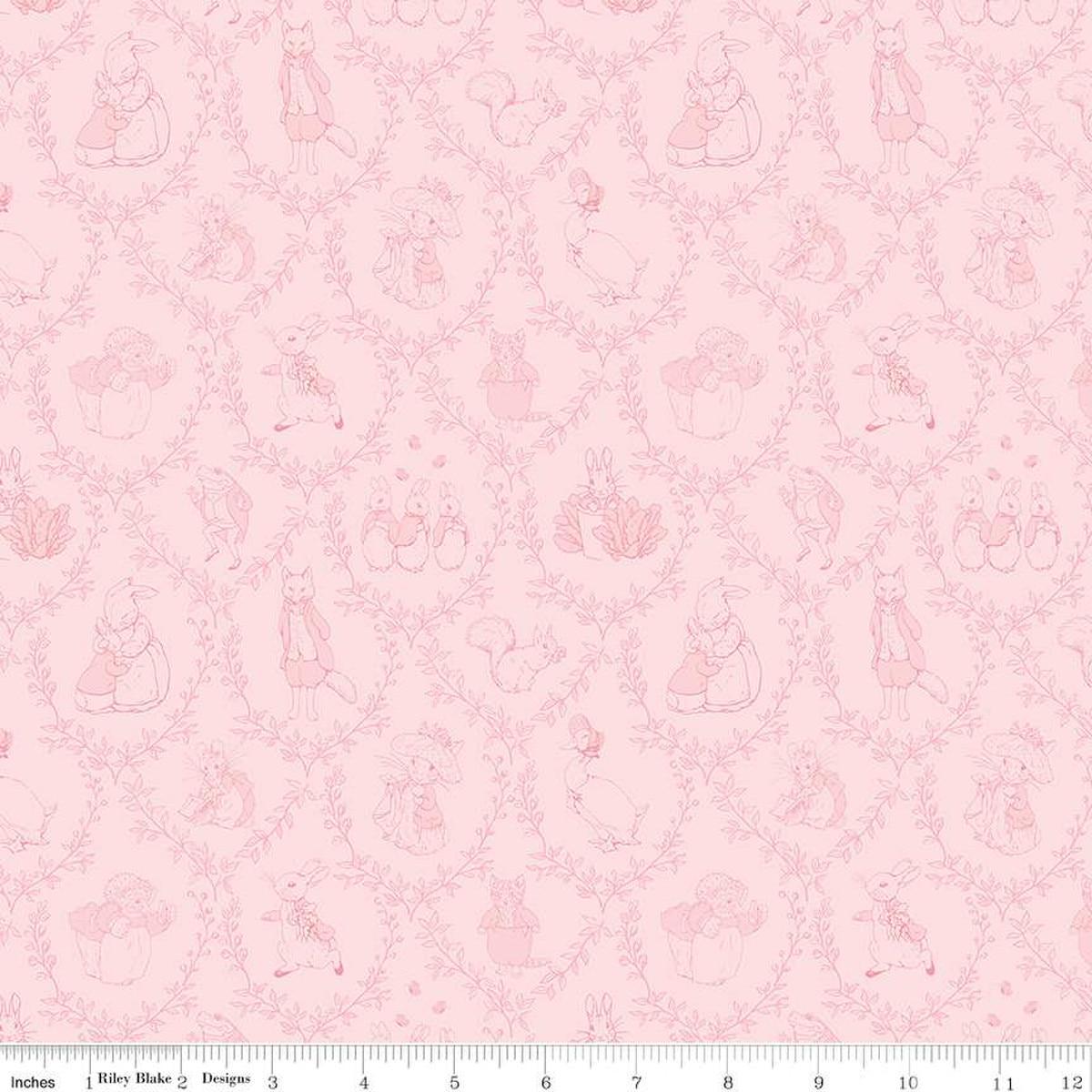 Image of the Peter Rabbit and Friends Toile Pink quilting cotton fabric by Beatrix Potter for Riley Blake Designs. Features characters on a pink background. Cute Little Fabric Shop
