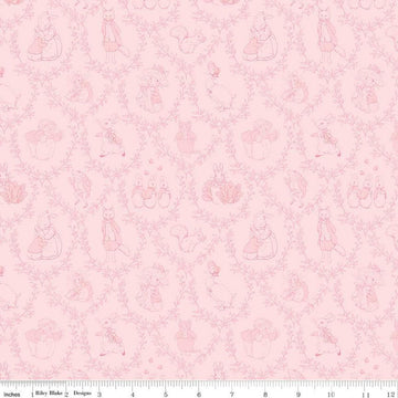 Image of the Peter Rabbit and Friends Toile Pink quilting cotton fabric by Beatrix Potter for Riley Blake Designs. Features characters on a pink background. Cute Little Fabric Shop