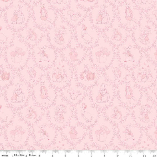 Image of the Peter Rabbit and Friends Toile Pink quilting cotton fabric by Beatrix Potter for Riley Blake Designs. Features characters on a pink background. Cute Little Fabric Shop