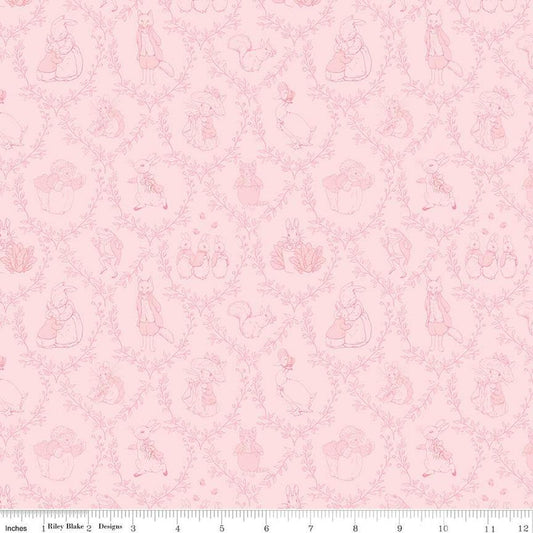 Image of the Peter Rabbit and Friends Toile Pink quilting cotton fabric by Beatrix Potter for Riley Blake Designs. Features characters on a pink background. Cute Little Fabric Shop