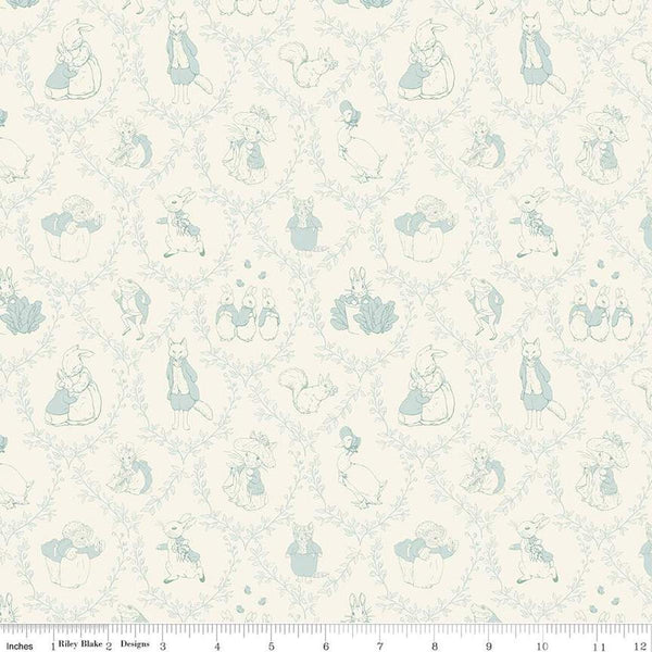 Image of the Peter Rabbit and Friends Toile Cloud quilting cotton fabric by Beatrix Potter for Riley Blake Designs. Features characters on a cream background. Cute Little Fabric Shop