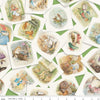 Image of the Peter Rabbit and Friends Main Green quilting cotton fabric by Beatrix Potter for Riley Blake Designs. Features papers with characters on a green background. Cute Little Fabric Shop