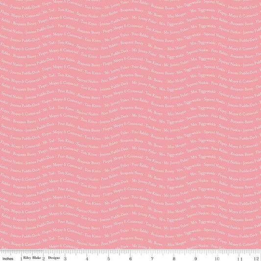 Image of the Peter Rabbit and Friends Text Sugar Pink quilting cotton fabric by Beatrix Potter for Riley Blake Designs. Features text on a pink background. Cute Little Fabric Shop