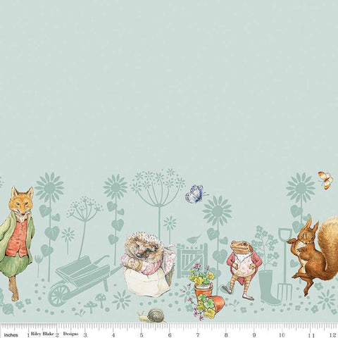 Image of the Peter Rabbit and Friends Border Print Blue quilting cotton fabric by Beatrix Potter for Riley Blake Designs. Features border animals on a blue background. Cute Little Fabric Shop