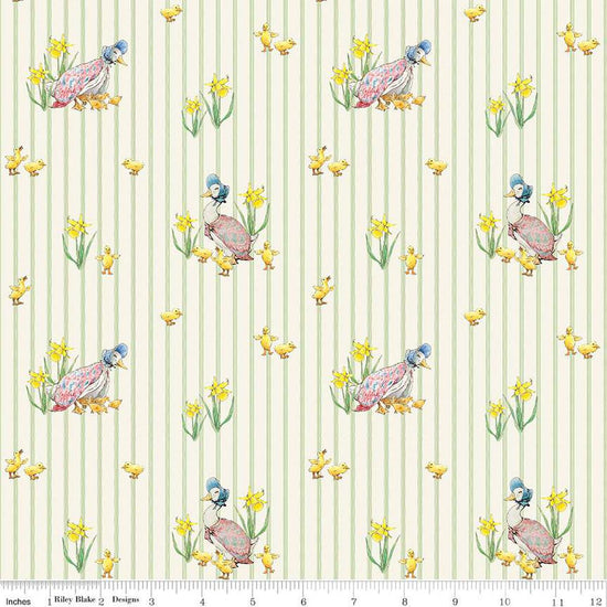 Image of the Peter Rabbit and Friends Duck Stripe Cloud quilting cotton fabric by Beatrix Potter for Riley Blake Designs. Features ducks and ducklings on a cloud background. Cute Little Fabric Shop
