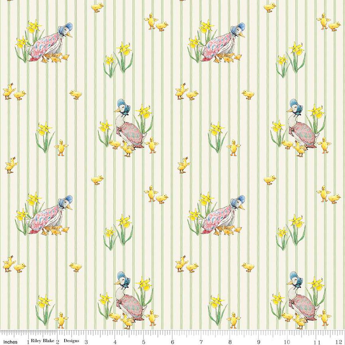 Image of the Peter Rabbit and Friends Duck Stripe Cloud quilting cotton fabric by Beatrix Potter for Riley Blake Designs. Features ducks and ducklings on a cloud background. Cute Little Fabric Shop