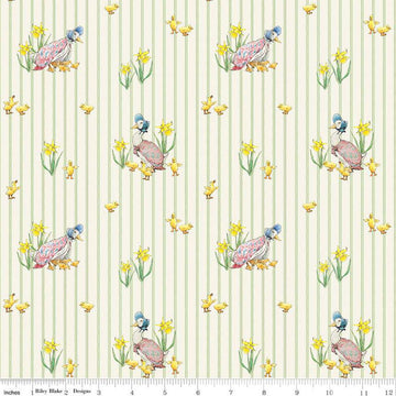 Image of the Peter Rabbit and Friends Duck Stripe Cloud quilting cotton fabric by Beatrix Potter for Riley Blake Designs. Features ducks and ducklings on a cloud background. Cute Little Fabric Shop