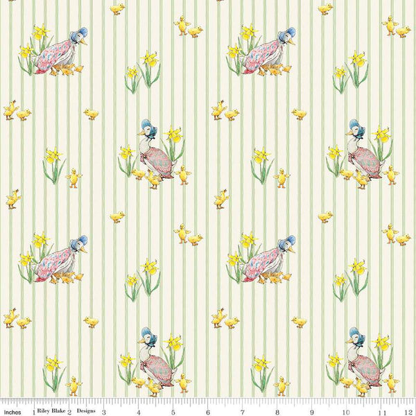Image of the Peter Rabbit and Friends Duck Stripe Cloud quilting cotton fabric by Beatrix Potter for Riley Blake Designs. Features ducks and ducklings on a cloud background. Cute Little Fabric Shop