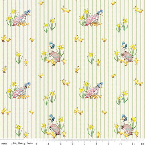 Image of the Peter Rabbit and Friends Duck Stripe Cloud quilting cotton fabric by Beatrix Potter for Riley Blake Designs. Features ducks and ducklings on a cloud background. Cute Little Fabric Shop