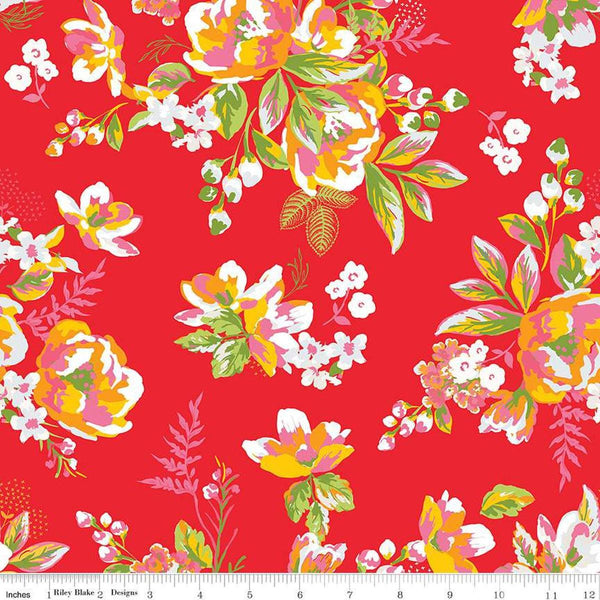 Image of the Wide Back Picnic Florals Floral Red quilting cotton fabric by My Mind&#39;s Eye for Riley Blake Designs. Features flowers on a red background. 
Cute Little Fabric Shop