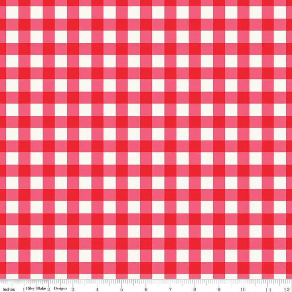 Image of the Wide Back Picnic Florals Gingham Red quilting cotton fabric by My Minds Eye for Riley Blake Designs. Features gingham on a red background. 
Cute Little Fabric Shop