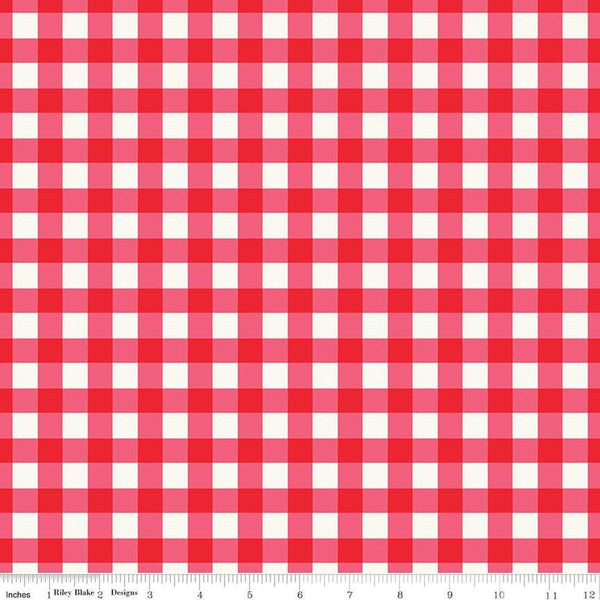 Image of the Wide Back Picnic Florals Gingham Red quilting cotton fabric by My Minds Eye for Riley Blake Designs. Features gingham on a red background. 
Cute Little Fabric Shop