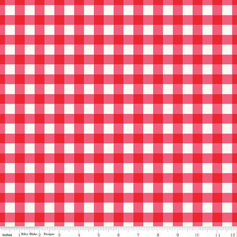 Image of the Wide Back Picnic Florals Gingham Red quilting cotton fabric by My Minds Eye for Riley Blake Designs. Features gingham on a red background. 
Cute Little Fabric Shop