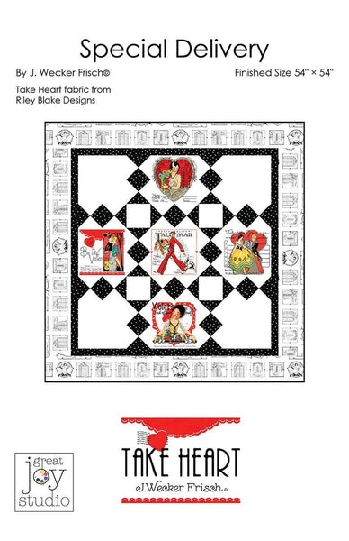 Image of the Special Delivery quilt pattern by J. Wecker Frisch. Features valentine themed fabrics on a white background. 
Cute Little Fabric Shop