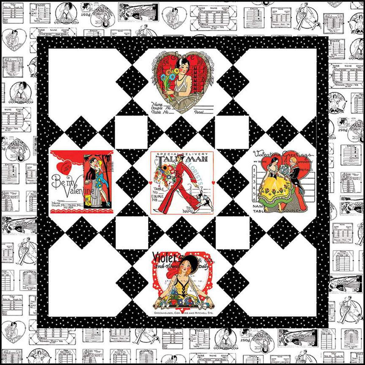 Image of the Special Delivery quilt pattern by J. Wecker Frisch. Features valentine themed fabrics on a white background. 
Cute Little Fabric Shop