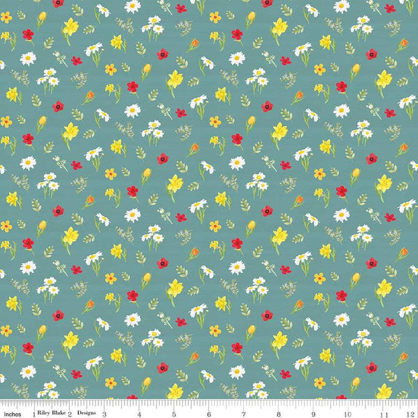 Image of the Covered Bridges in Spring Flowers Blue by Quilting Cotton Fabric. Features flowers on a blue background. Cute Little Fabric Shop