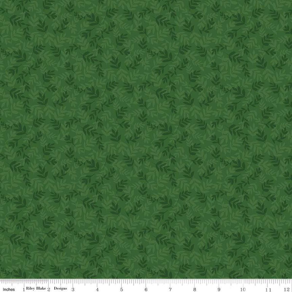 Image of the Covered Bridges in Spring Leaves Green by Quilting Cotton Fabric. Features tone on tone stems on a green background. Cute Little Fabric Shop