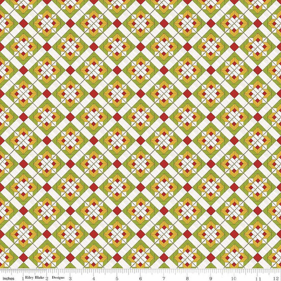 Image of the Covered Bridges in Spring Block on Point Green by Quilting Cotton Fabric. Features geometric flowers on a green background. Cute Little Fabric Shop