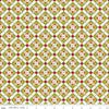 Image of the Covered Bridges in Spring Block on Point Green by Quilting Cotton Fabric. Features geometric flowers on a green background. Cute Little Fabric Shop