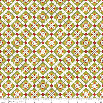 Image of the Covered Bridges in Spring Block on Point Green by Quilting Cotton Fabric. Features geometric flowers on a green background. Cute Little Fabric Shop
