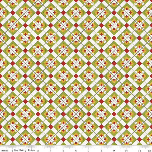 Image of the Covered Bridges in Spring Block on Point Green by Quilting Cotton Fabric. Features geometric flowers on a green background. Cute Little Fabric Shop